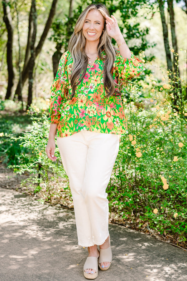 Chic Soul plus size clothing, quarter-sleeve green multi-colored ruffled top with a split-v-neckline with a multi-colored green floral pattern