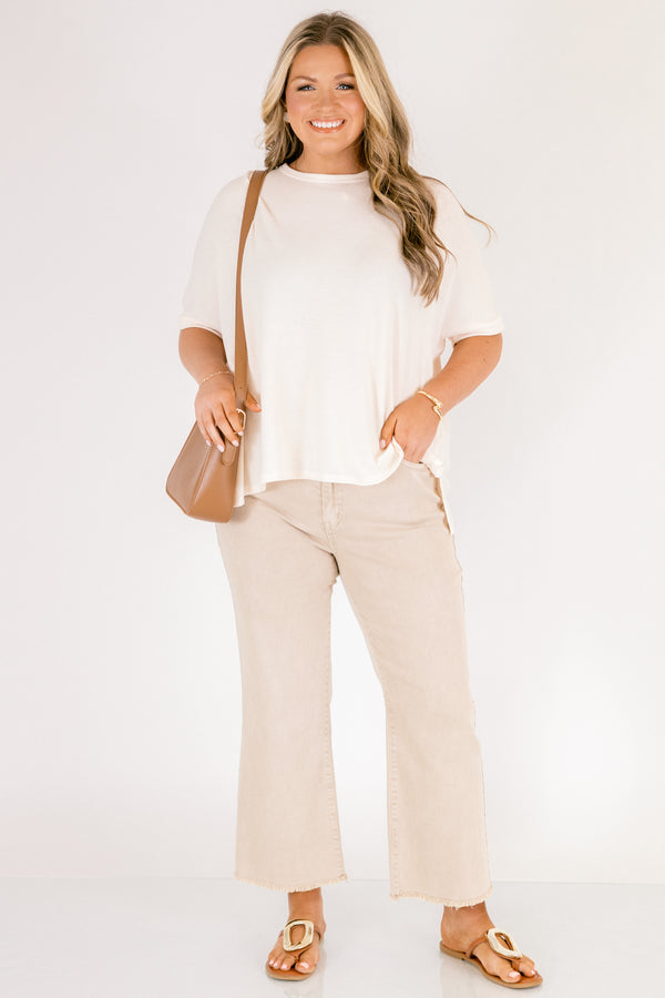 Chic Soul plus size clothing, light khaki bootcut jeans with slightly frayed hem