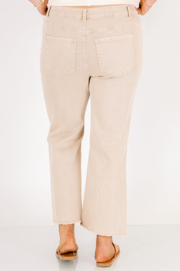 Chic Soul plus size clothing, light khaki bootcut jeans with slightly frayed hem