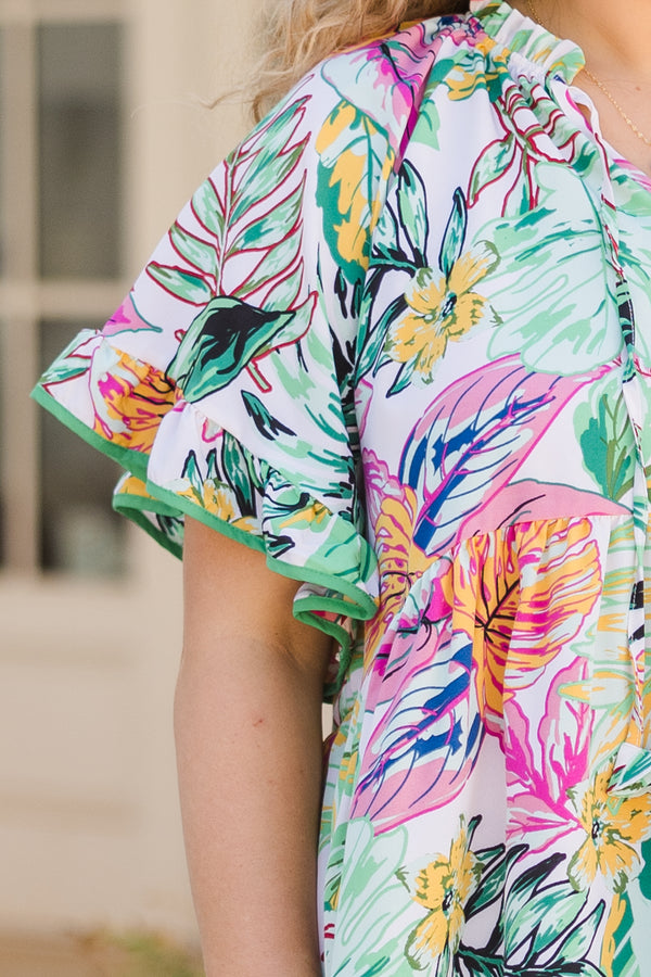 Chic Soul plus size clothing, light green flutter sleeve top with floral pattern