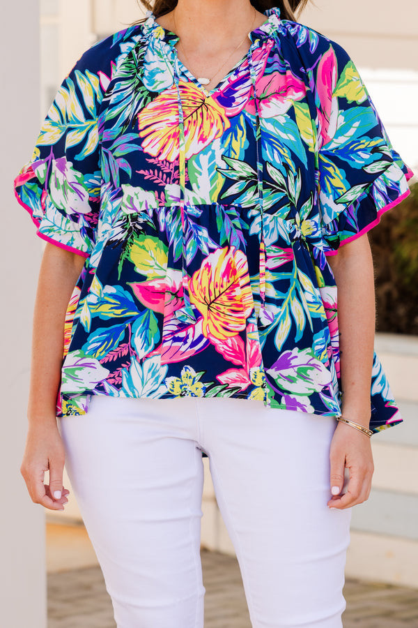Chic Soul plus size clothing, navy short sleeve multi tropical print top with ruffle detail on sleeves and tie detail along neckline