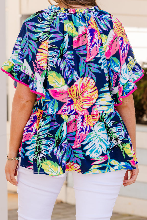 Chic Soul plus size clothing, navy short sleeve multi tropical print top with ruffle detail on sleeves and tie detail along neckline