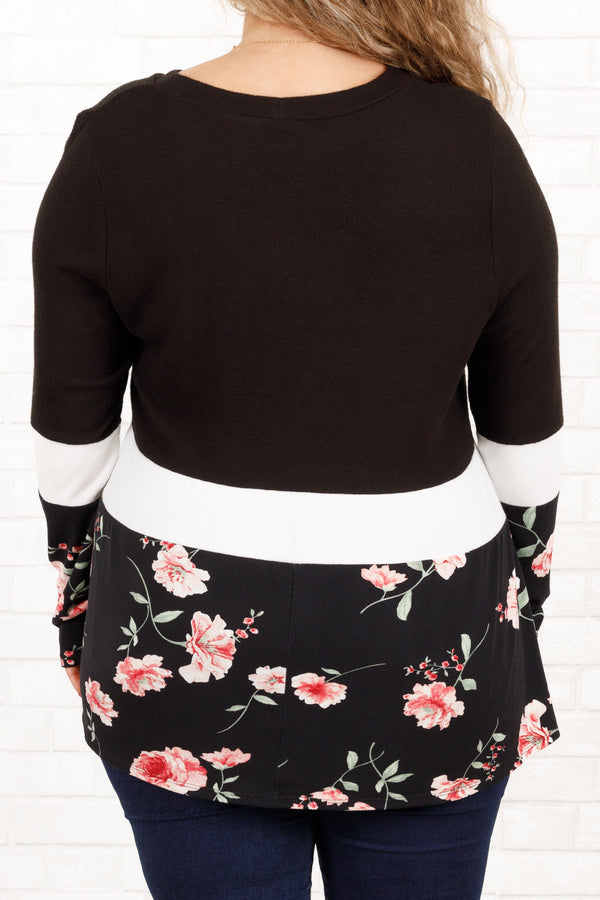 Chic Soul plus size clothing, black long sleeved top with stripe and floral patterned