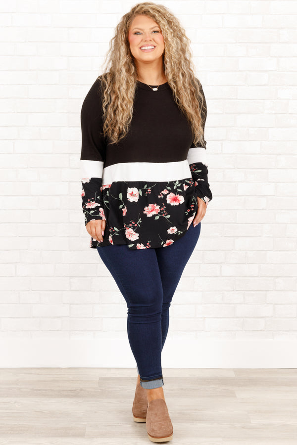 Chic Soul plus size clothing, black long sleeved top with stripe and floral patterned
