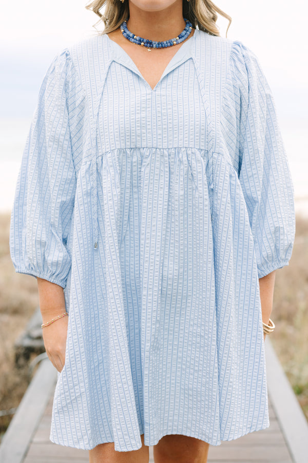 Chic Soul plus size clothing, blue striped knee length dress with half bubble sleeves and a slight open v-neck 