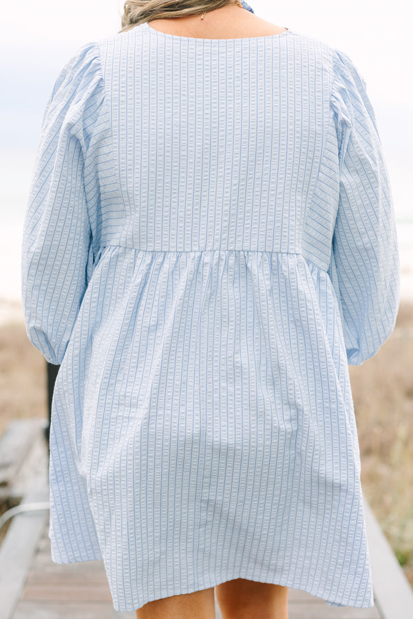 Chic Soul plus size clothing, blue striped knee length dress with half bubble sleeves and a slight open v-neck 