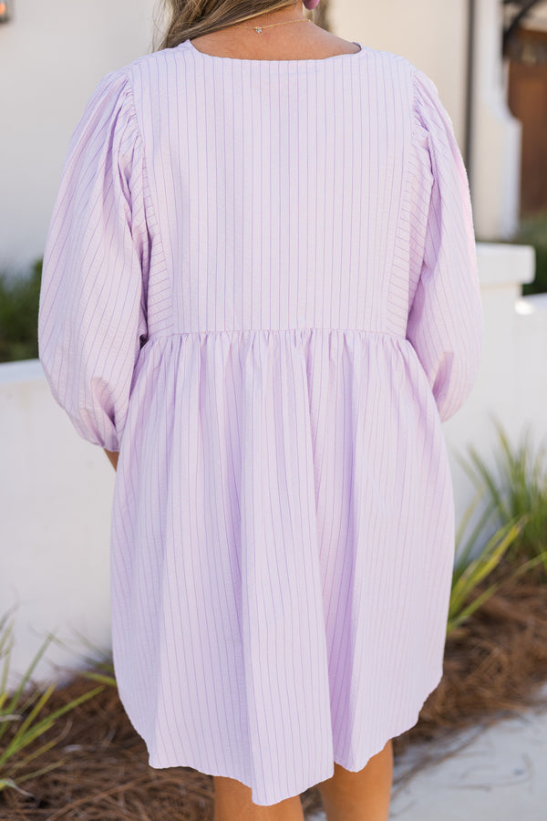 Chic Soul plus size clothing, purple striped dress with long bubble sleeves and a slight v-neckline 