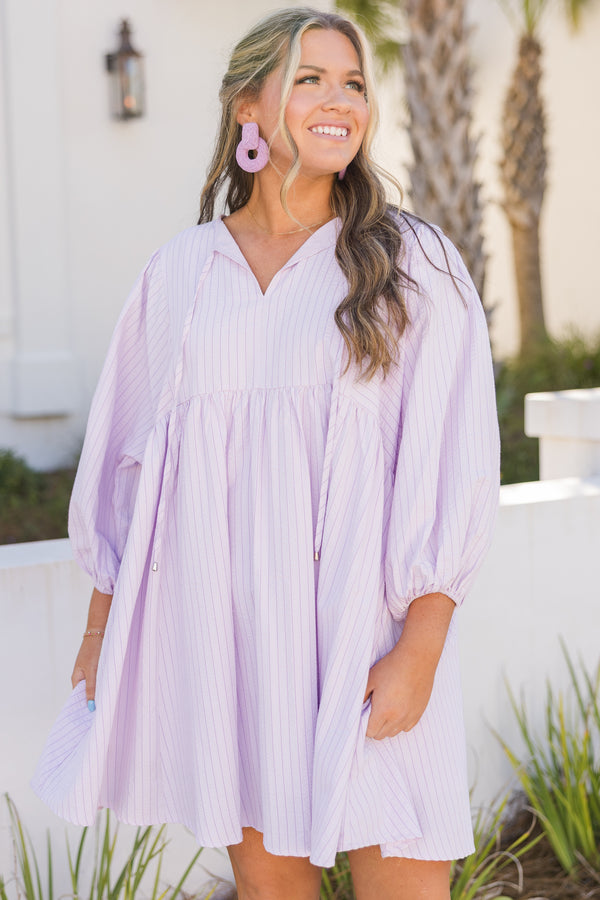 Chic Soul plus size clothing, purple striped dress with long bubble sleeves and a slight v-neckline 