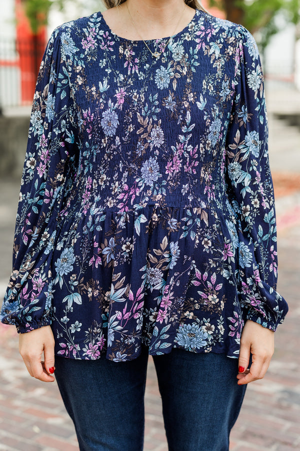 Chic Soul plus size clothing, blue long sleeve peplum top with multi floral detail with smocked top with cuff sleeves and round neckline