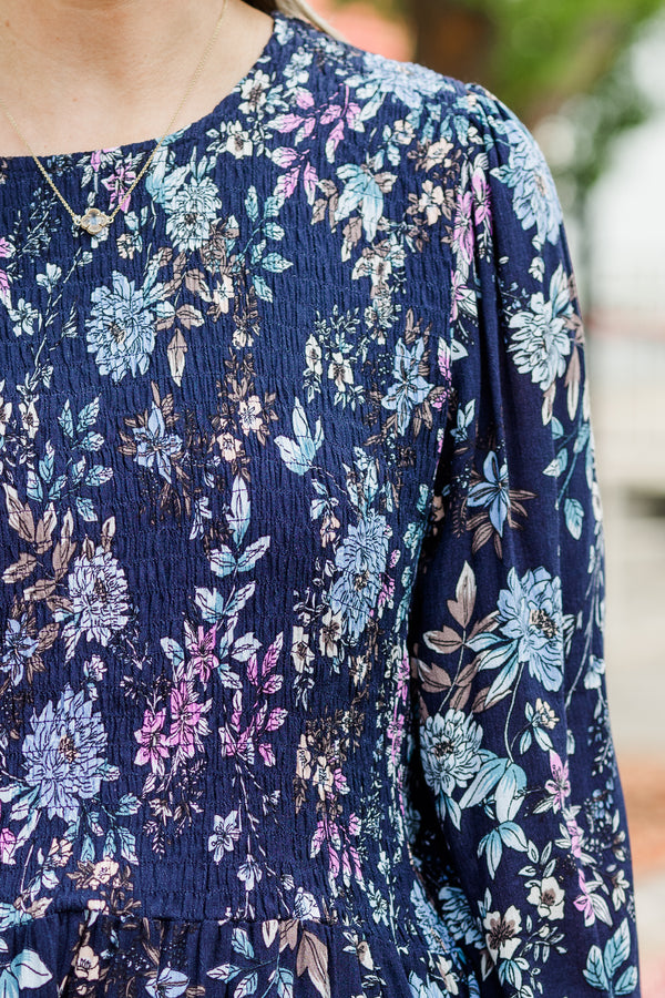 Chic Soul plus size clothing, blue long sleeve peplum top with multi floral detail with smocked top with cuff sleeves and round neckline