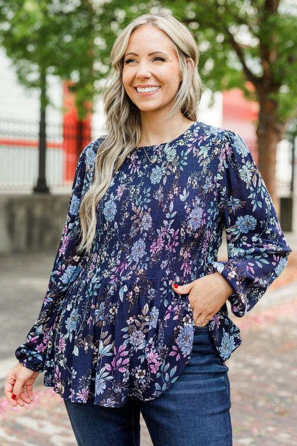 Chic Soul plus size clothing, blue long sleeve peplum top with multi floral detail with smocked top with cuff sleeves and round neckline
