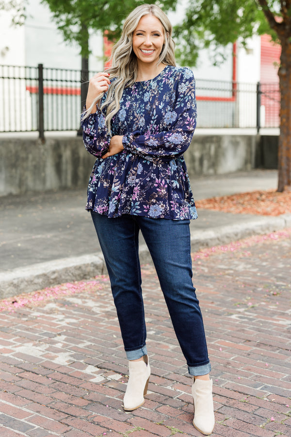 Chic Soul plus size clothing, blue long sleeve peplum top with multi floral detail with smocked top with cuff sleeves and round neckline