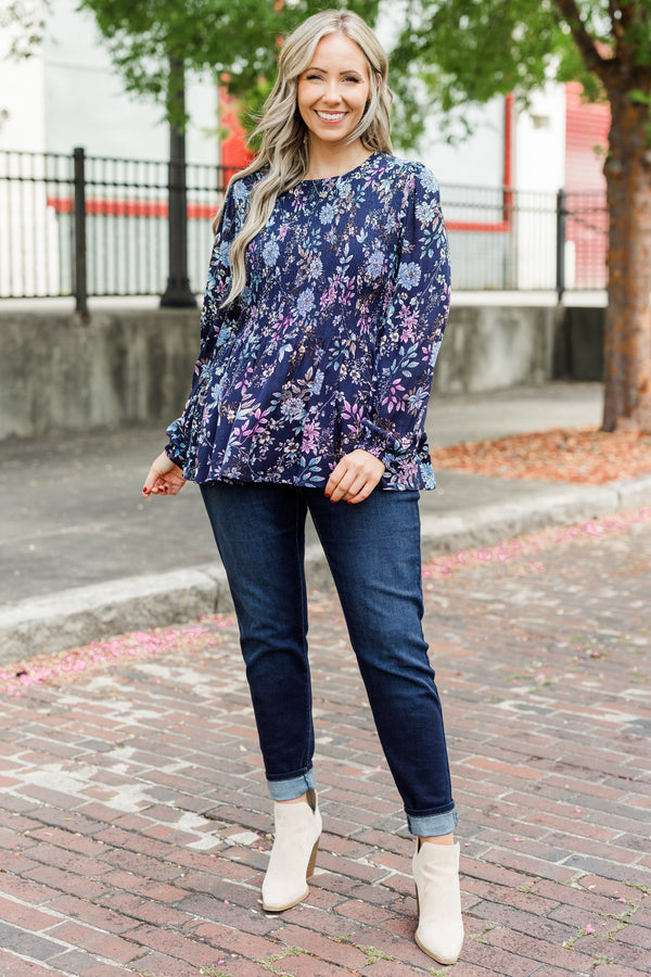 Chic Soul plus size clothing, blue long sleeve peplum top with multi floral detail with smocked top with cuff sleeves and round neckline
