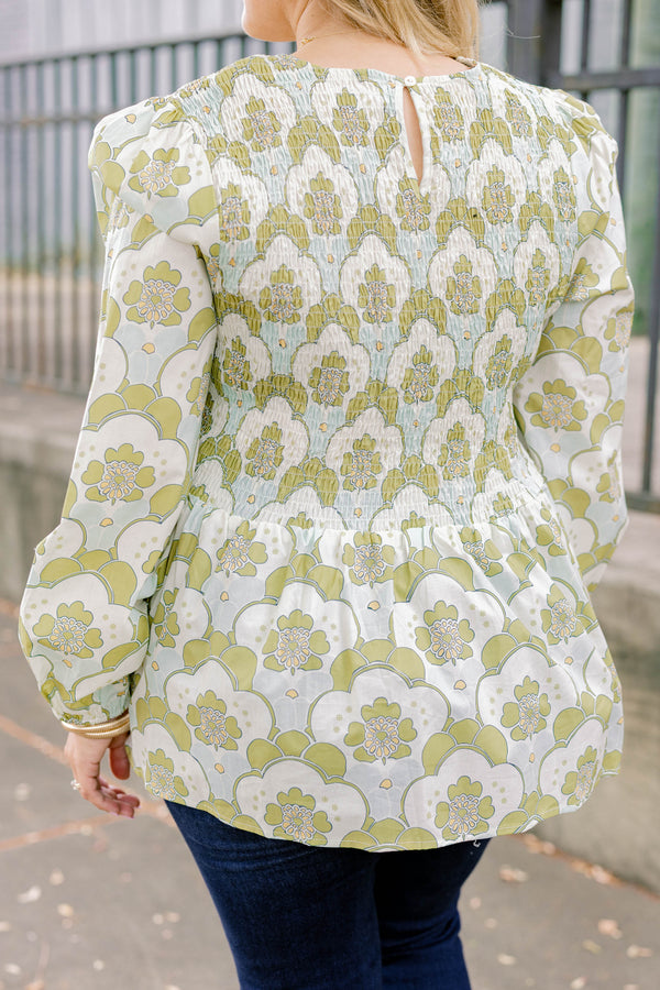 Chic Soul plus size clothing, green and blue floral print long sleeve baby dol top with textured fitted top