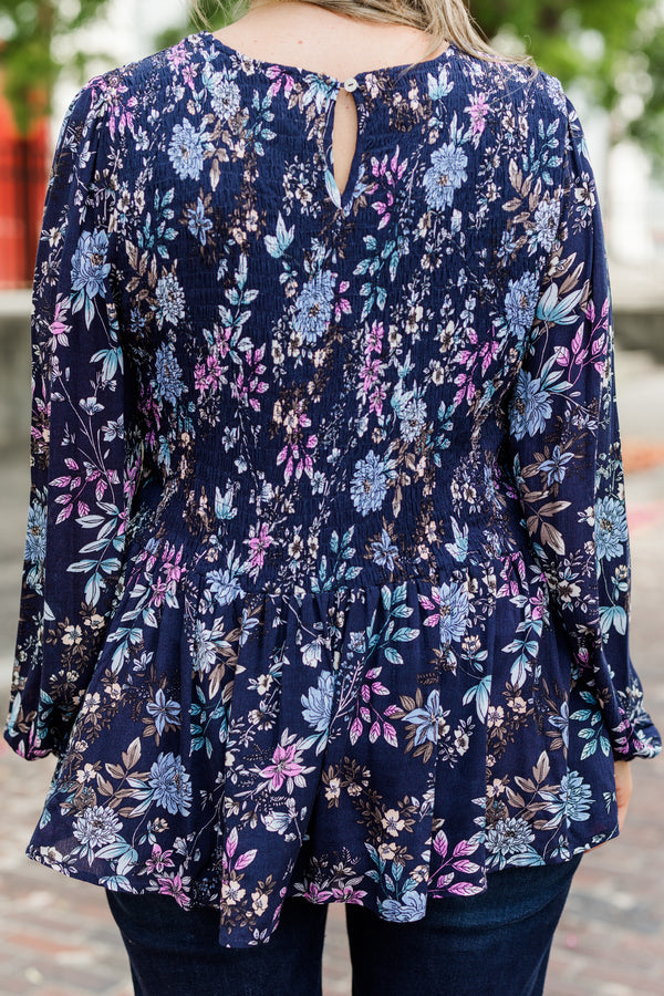 Chic Soul plus size clothing, blue long sleeve peplum top with multi floral detail with smocked top with cuff sleeves and round neckline