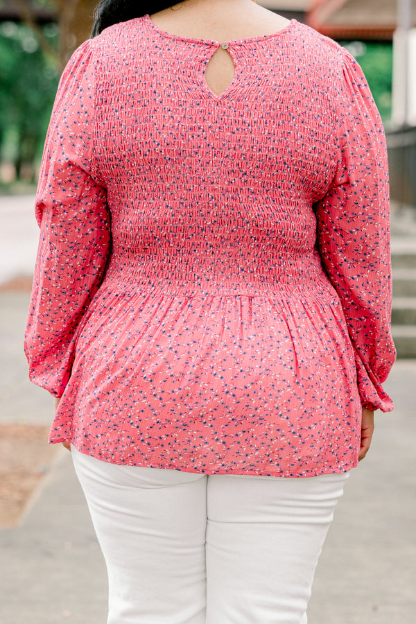 Chic Soul plus size clothing, dusty rose long-bubble sleeve rounded neckline babydoll top with dainty blue and white floral pattern