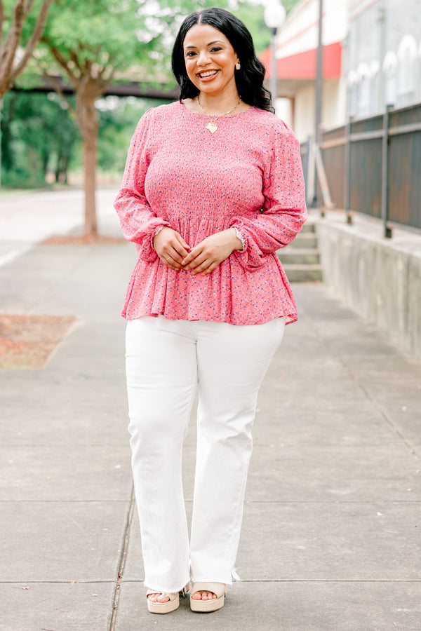 Chic Soul plus size clothing, dusty rose long-bubble sleeve rounded neckline babydoll top with dainty blue and white floral pattern