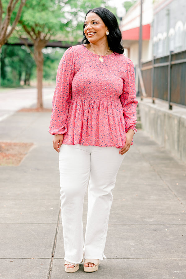 Chic Soul plus size clothing, dusty rose long-bubble sleeve rounded neckline babydoll top with dainty blue and white floral pattern