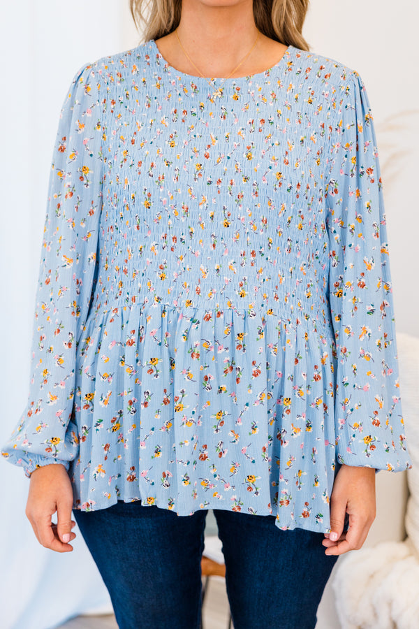 Chic Soul plus size clothing, light blue long sleeve top with smocked chest and small floral design
