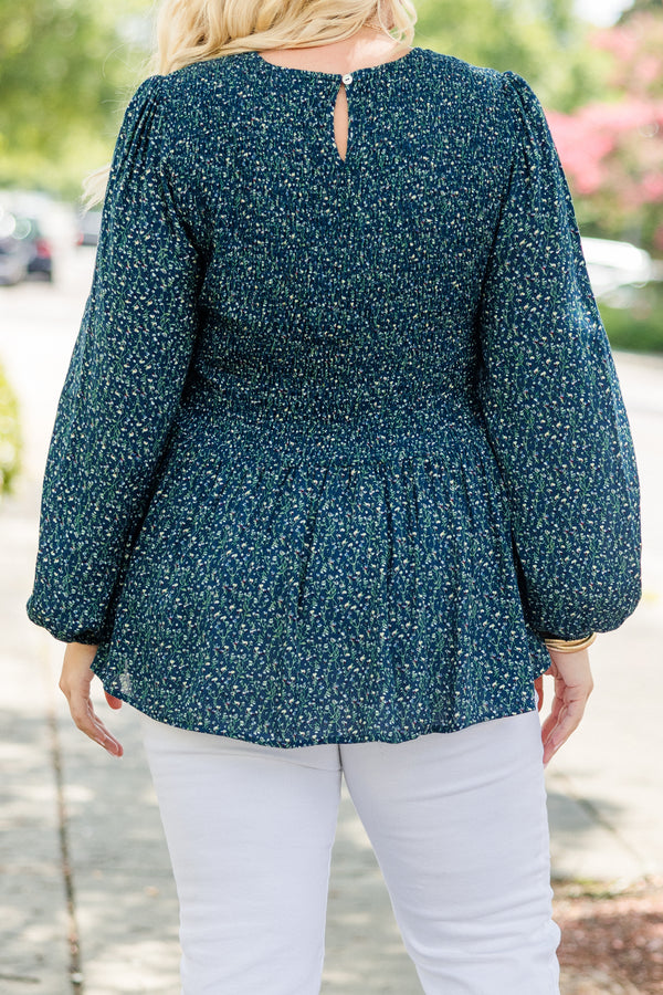 Chic Soul plus size clothing, navy long sleeve small floral print peplum top with smocked top with round neckline and cuff sleeves