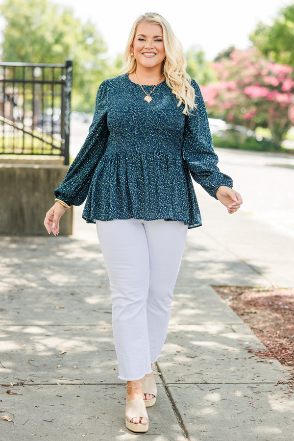 Chic Soul plus size clothing, navy long sleeve small floral print peplum top with smocked top with round neckline and cuff sleeves