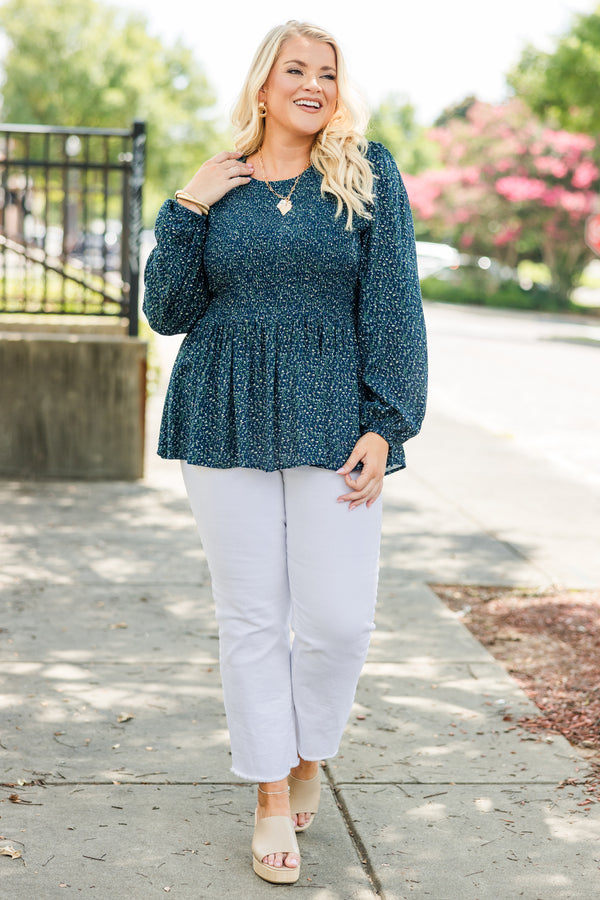 Chic Soul plus size clothing, navy long sleeve small floral print peplum top with smocked top with round neckline and cuff sleeves