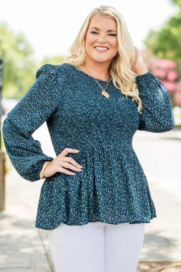 Chic Soul plus size clothing, navy long sleeve small floral print peplum top with smocked top with round neckline and cuff sleeves