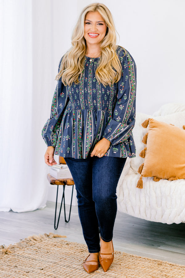 Chic Soul plus size clothing, navy blue long sleeve babydoll top with green, pink, and red floral pattern and cinched top