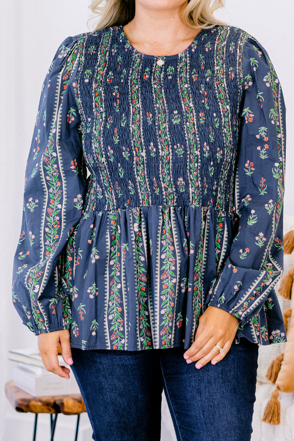 Chic Soul plus size clothing, navy blue long sleeve babydoll top with green, pink, and red floral pattern and cinched top