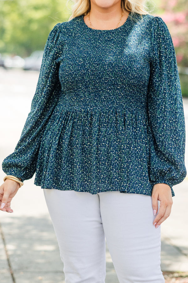 Chic Soul plus size clothing, navy long sleeve small floral print peplum top with smocked top with round neckline and cuff sleeves