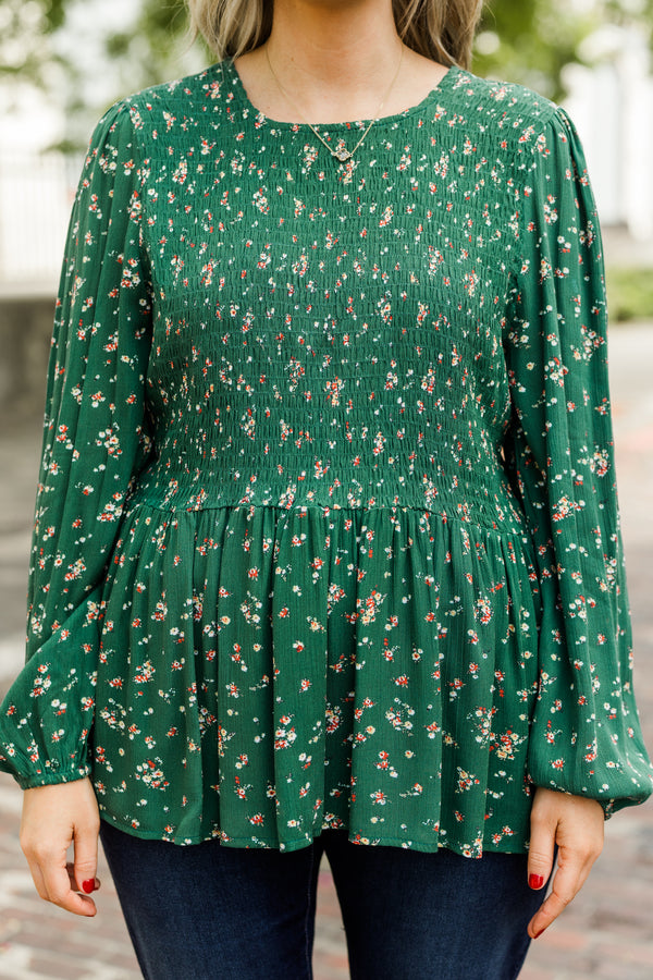 Chic Soul plus size clothing, long-sleeve olive green babydoll top with small floral pattern detailing and smocked bodice
