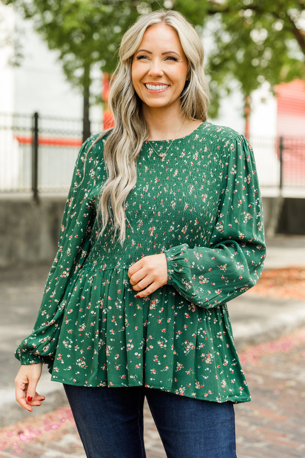 Chic Soul plus size clothing, long-sleeve olive green babydoll top with small floral pattern detailing and smocked bodice
