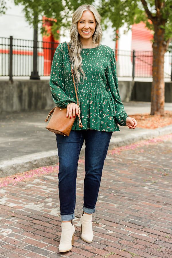 Chic Soul plus size clothing, long-sleeve olive green babydoll top with small floral pattern detailing and smocked bodice