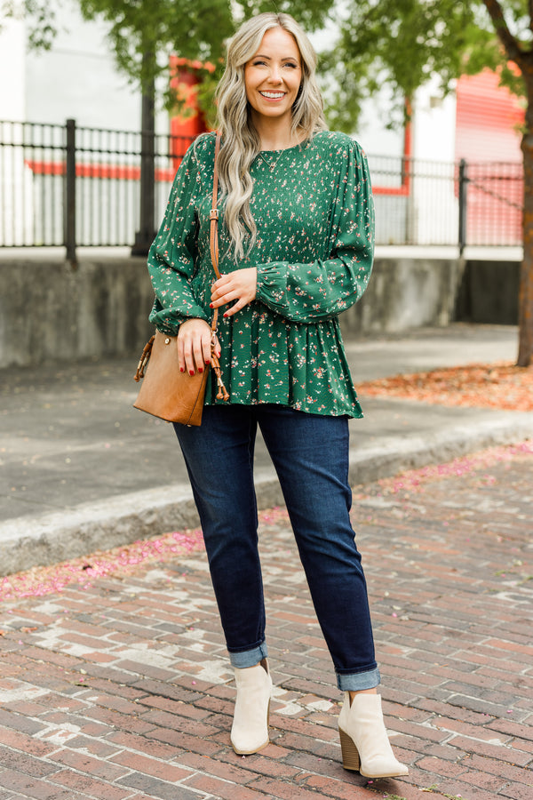 Chic Soul plus size clothing, long-sleeve olive green babydoll top with small floral pattern detailing and smocked bodice