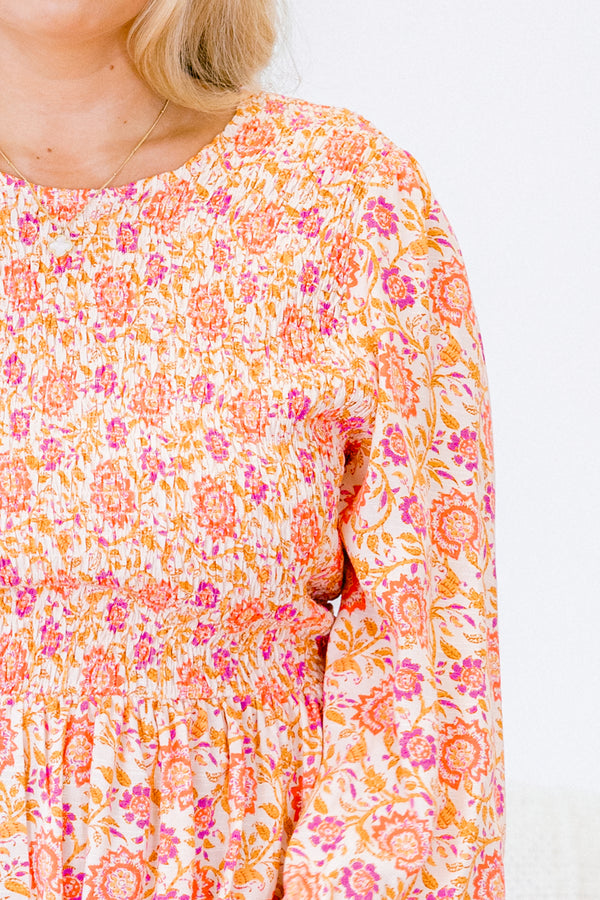 Chic Soul plus size clothing, orange and pink floral babydoll long sleeve top
