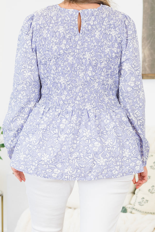 Chic Soul plus size clothing, long-sleeve light pale purple ruffled baby doll top with a high-scoop-neckline with a smocked bodice and a small white floral pattern 