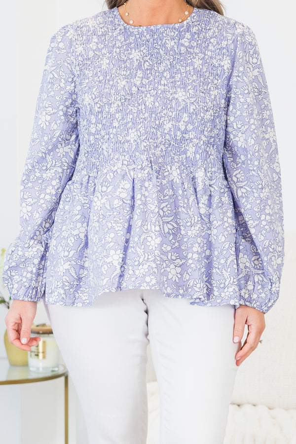 Chic Soul plus size clothing, long-sleeve light pale purple ruffled baby doll top with a high-scoop-neckline with a smocked bodice and a small white floral pattern 