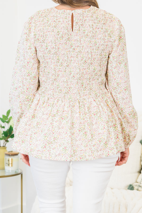 Chic Soul plus size clothing, long-sleeve high-scoop-neckline white baby doll top with a smocked bodice and a small floral print pattern