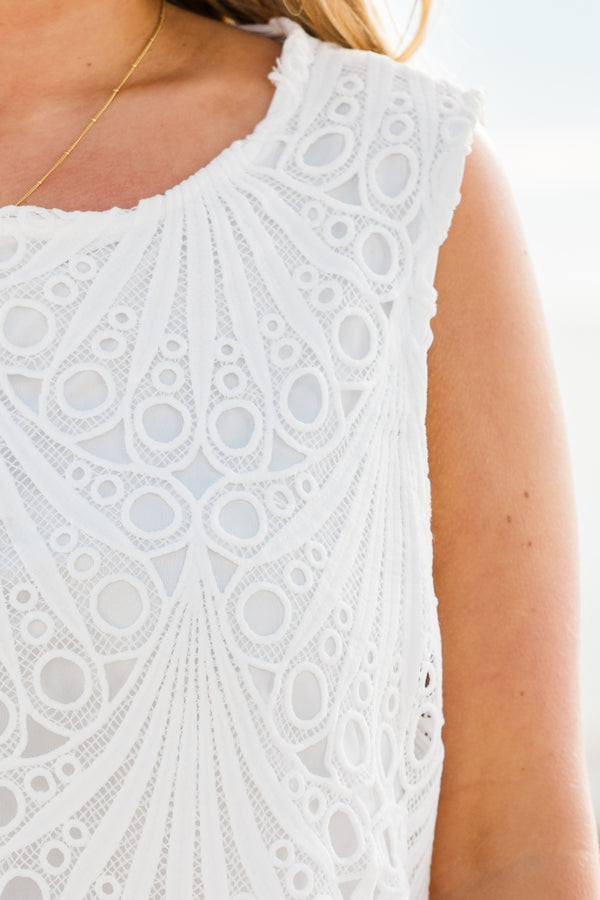 Chic Soul plus size clothing, white eyelet tank top with a scalloped hem and a keyhole back with a scoop-neckline