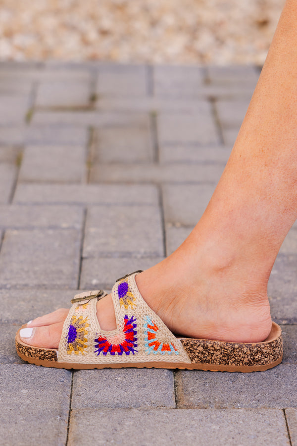 Plus Size natural multi-colored crochet double-strap sandals with cork footbeds and metal buckles.