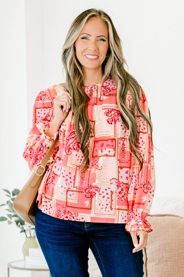 Chic Soul plus size clothing, pink/red bandana paisley print long sleeve top with round neckline with cuff sleeve with ruffle flare detail