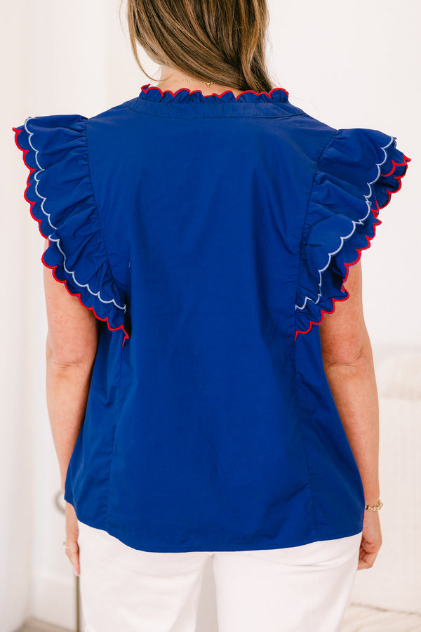 Plus Size navy cotton top with flutter sleeves, scallop trim, and a split v-neckline.