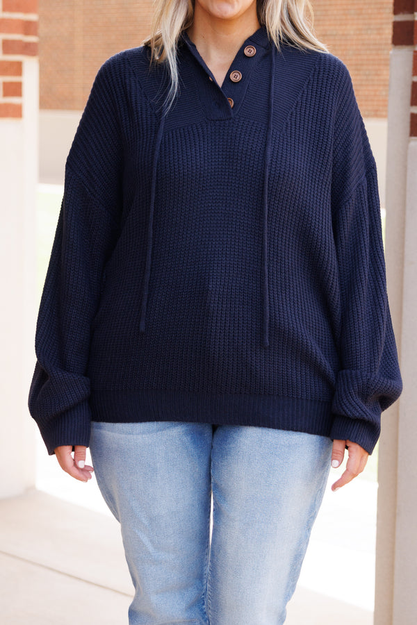 Chic Soul plus size clothing, dark navy knitted hoodie with bubble sleeves and button details