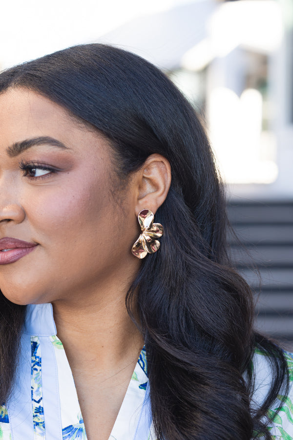 Chic Soul plus size clothing, gold half flower statement earrings 