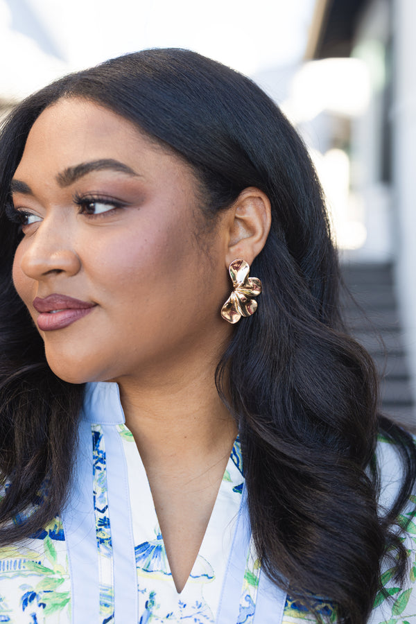 Chic Soul plus size clothing, gold half flower statement earrings 
