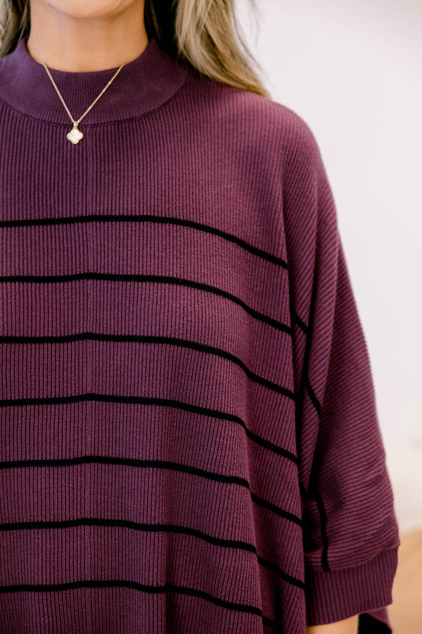 Chic Soul plus size clothing, dark purple mock neck 3/4 sleeve poncho with thin black horizontal stripes