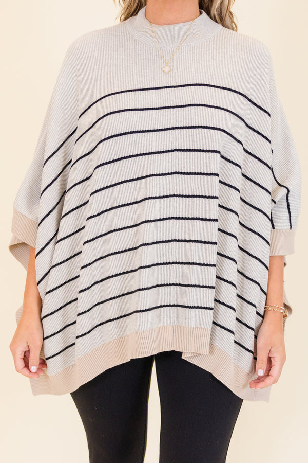 Chic Soul plus size clothing, taupe short sleeve knit poncho with tan band along edges and black stripe print with mock neckline
