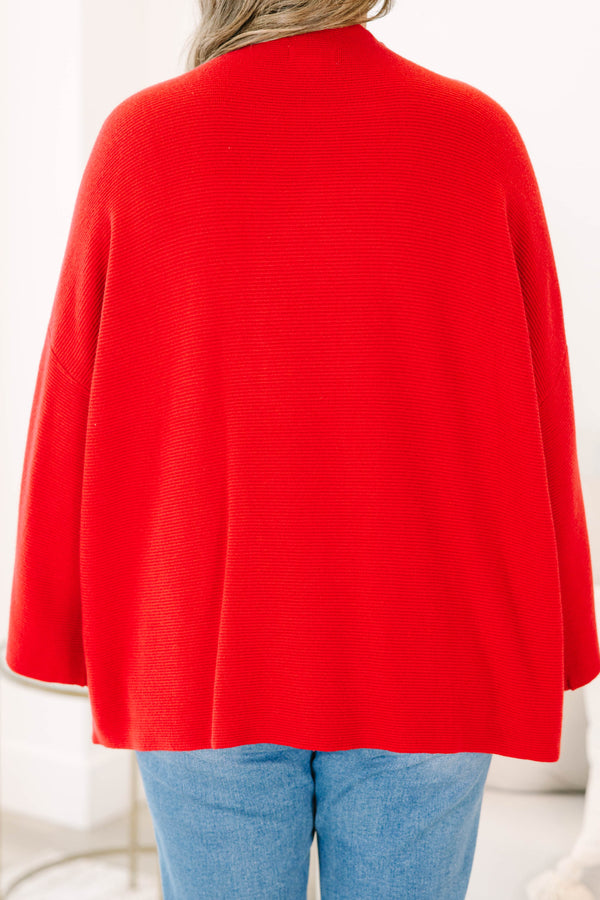 Plus Size wine red ribbed knit sweater with a mock neckline and wide bell sleeves.