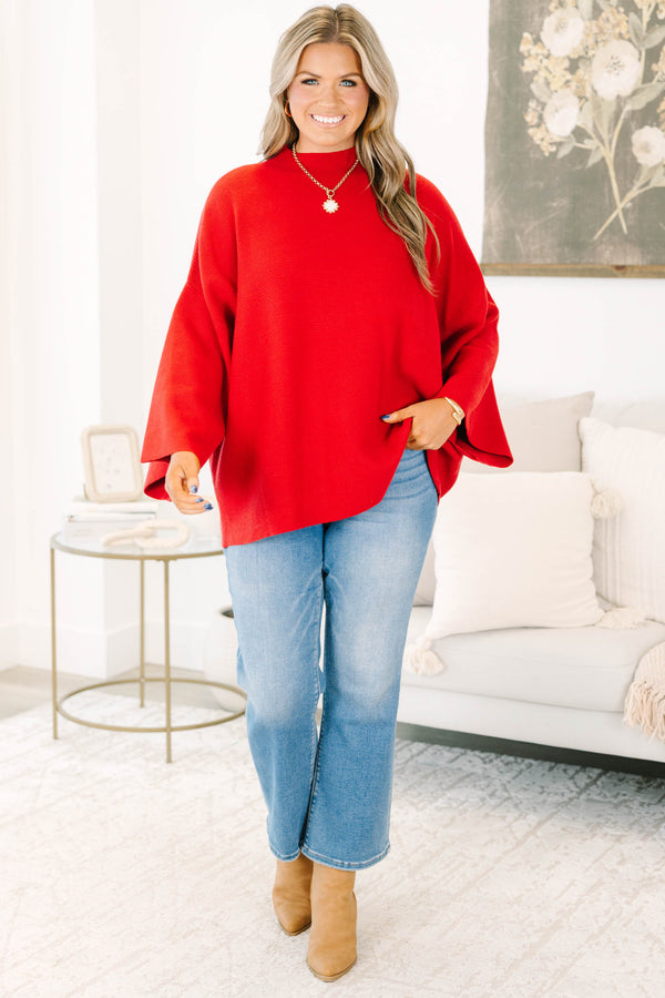 Plus Size wine red ribbed knit sweater with a mock neckline and wide bell sleeves.