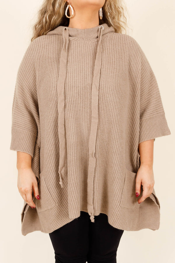 Chic Soul plus size clothing, taupe colored mid length sleeve sweater with texture and adjustable hood and oversized pockets detailing